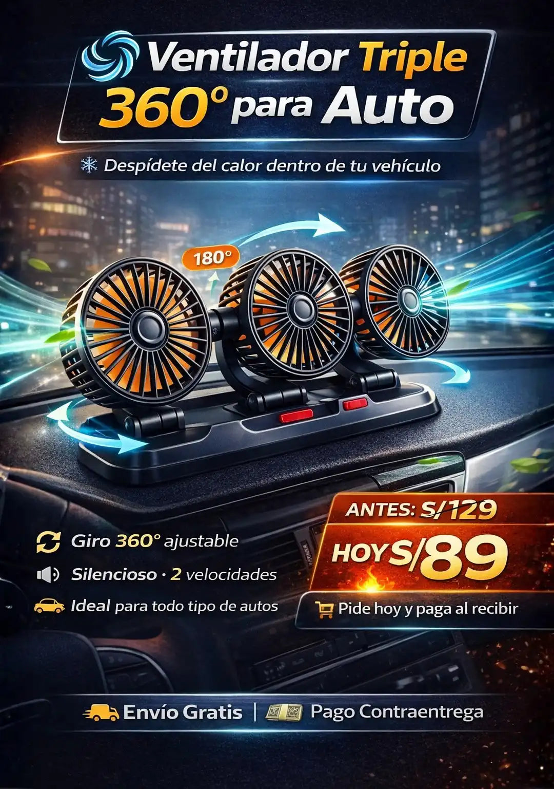 Ventilador Triple 360° para Auto