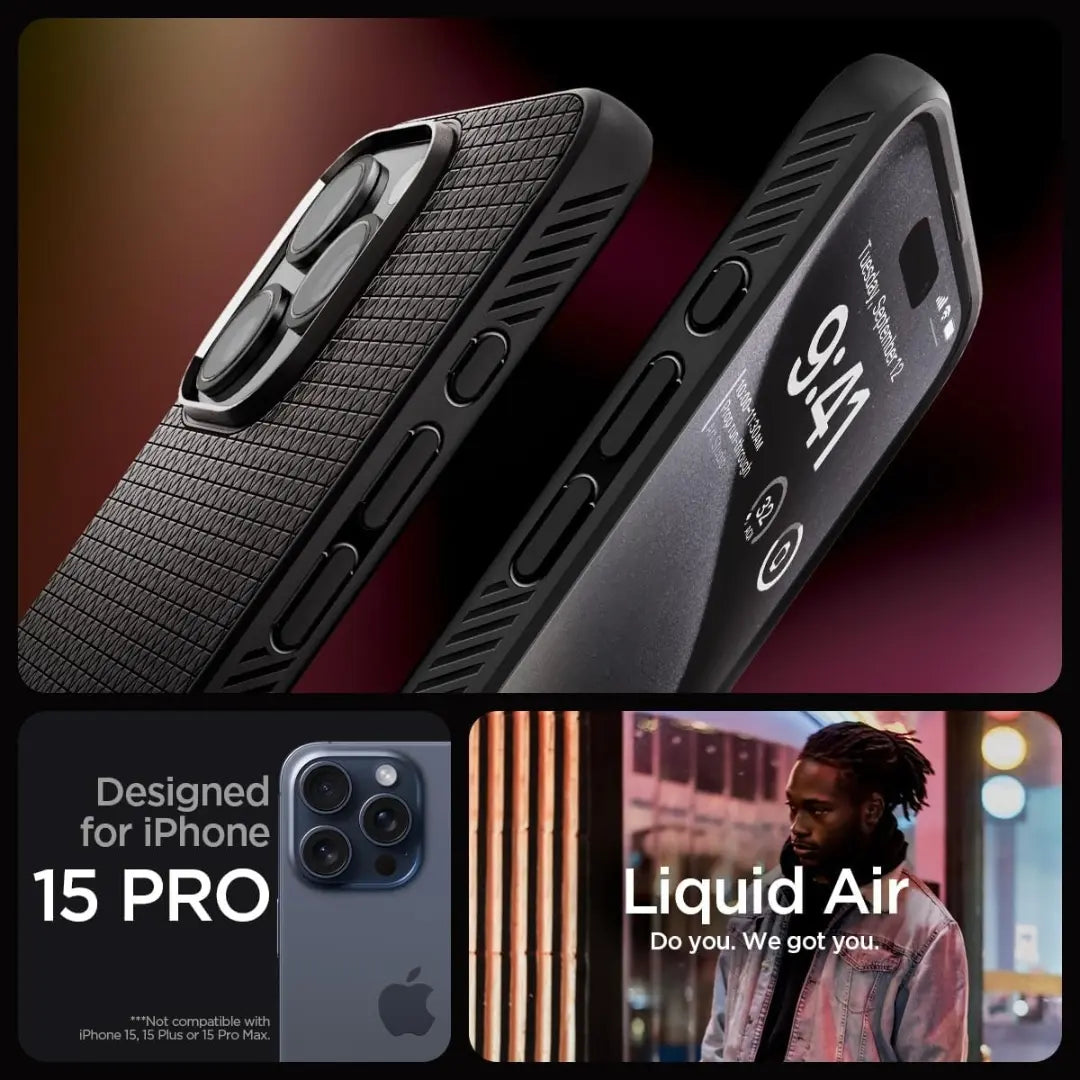 Case Spigen Liquid Air Negro Mate para iPhone 15 Pro Max 6.7 - Funda Estuche Militarizado